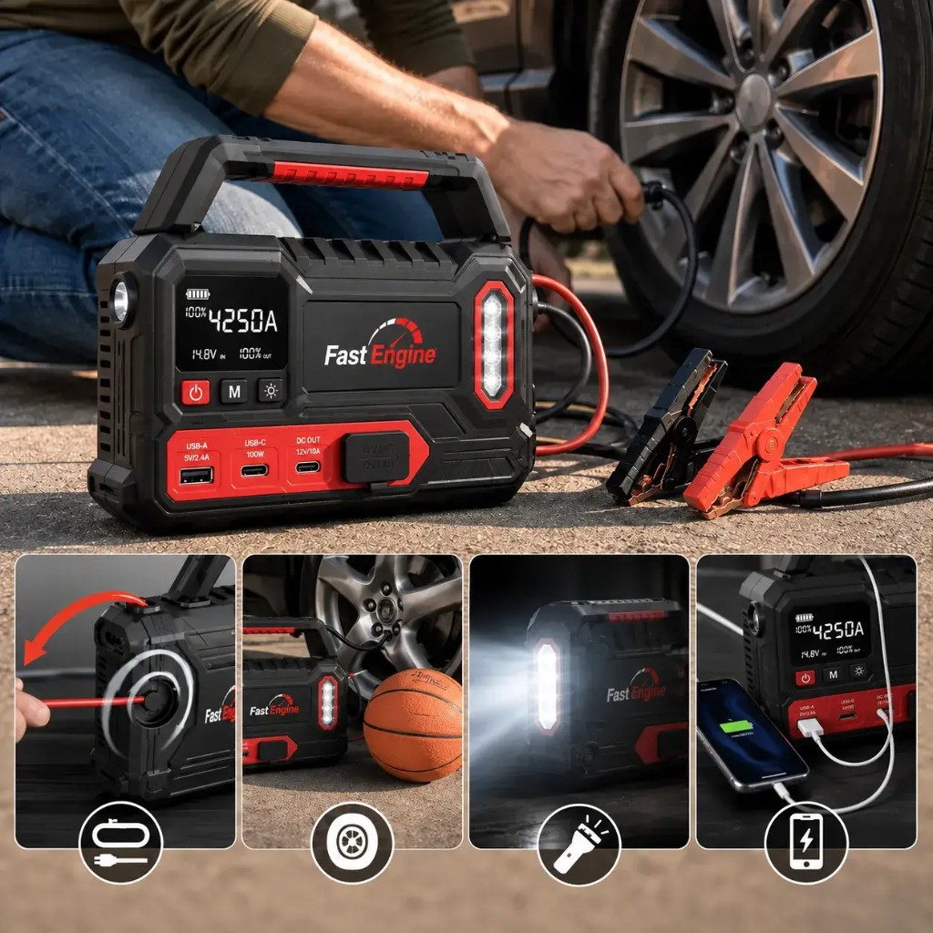 FastEngine — cavi retrattili, compressore, torcia e power bank